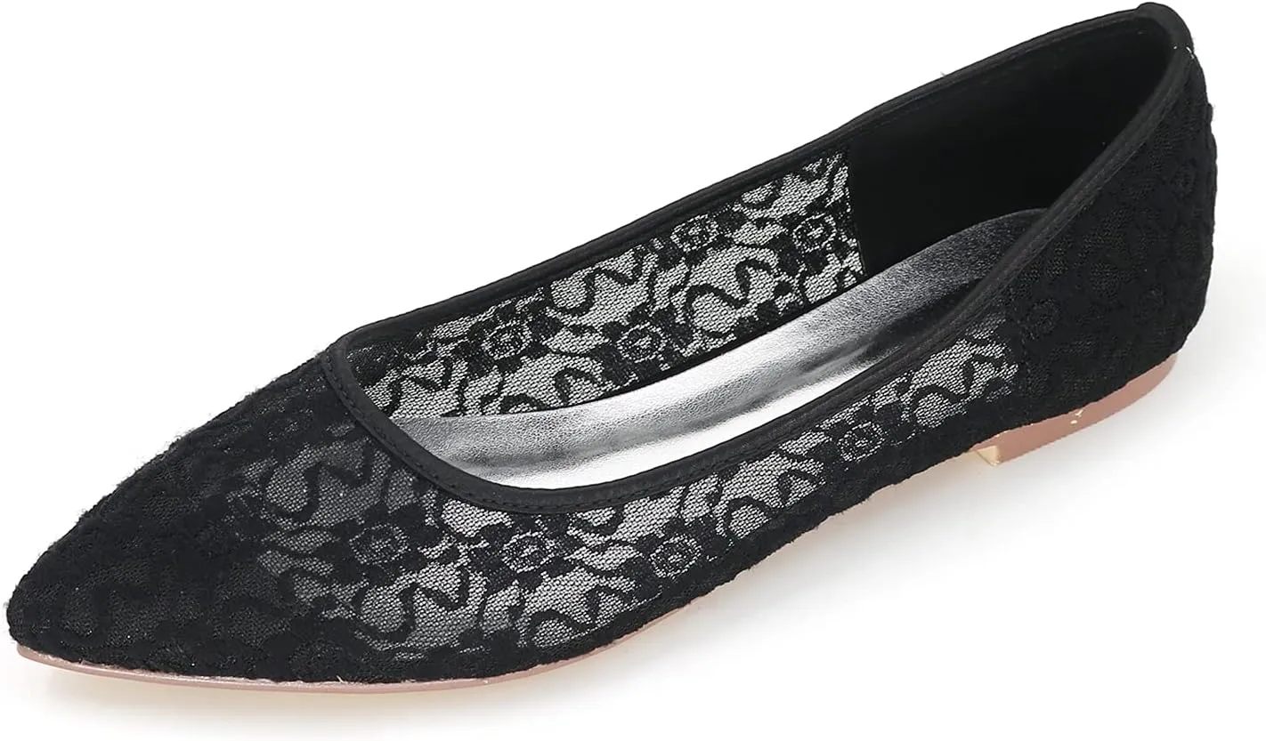 Womens Ballet Flat Elegant Lace Satin Pointed Toe Flats Slip on Bridal Wedding Bridesmaid Prom Shoes
