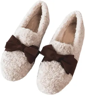 Women's Ballet Flats with Bow Warm Faux Fur Mary Janes Cute Winter Flats Slip On Loafers Shoes for Women Fuzzy Loafers