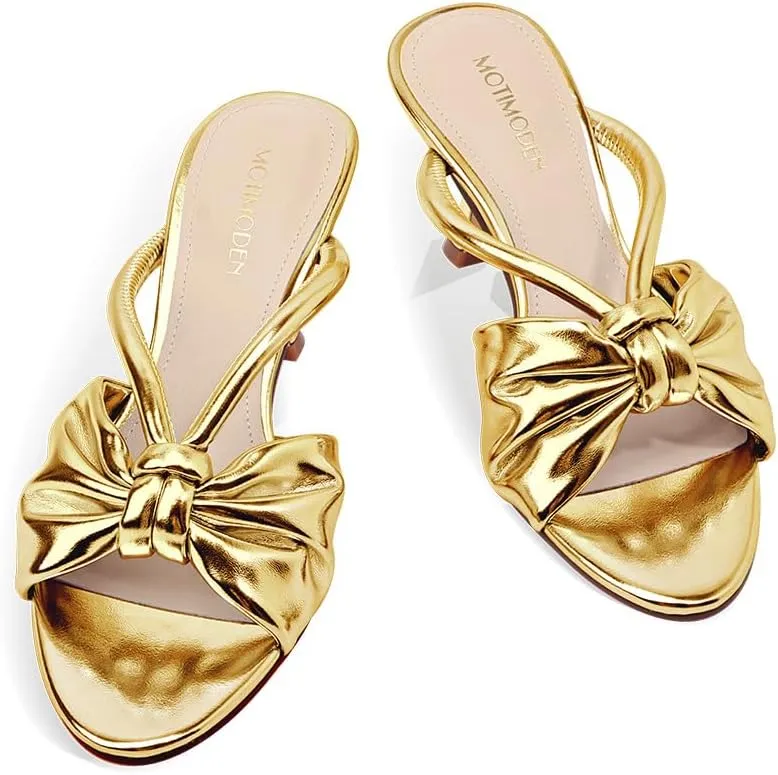 Women's Bow Heeled Sandals Kitten Heel Bowknots Slip On Open Round Toe Low Heels Sandals for Women Dressy Shoes Work Home Party Concert