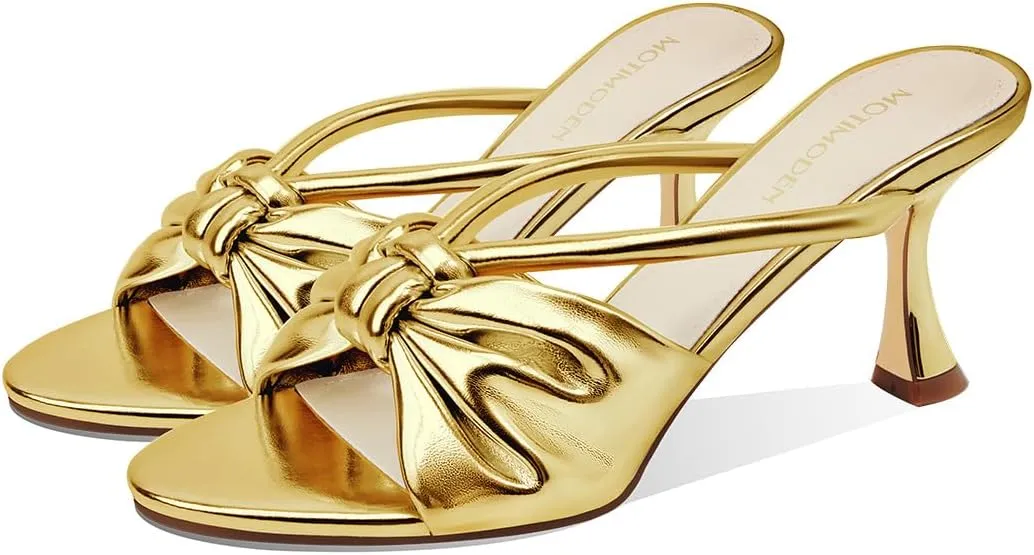 Women's Bow Heeled Sandals Kitten Heel Bowknots Slip On Open Round Toe Low Heels Sandals for Women Dressy Shoes Work Home Party Concert