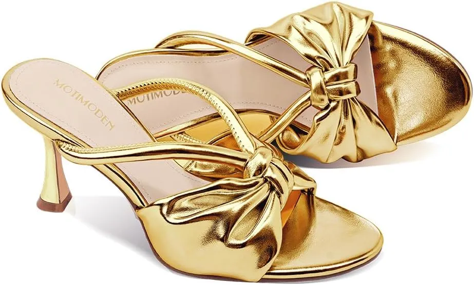 Women's Bow Heeled Sandals Kitten Heel Bowknots Slip On Open Round Toe Low Heels Sandals for Women Dressy Shoes Work Home Party Concert