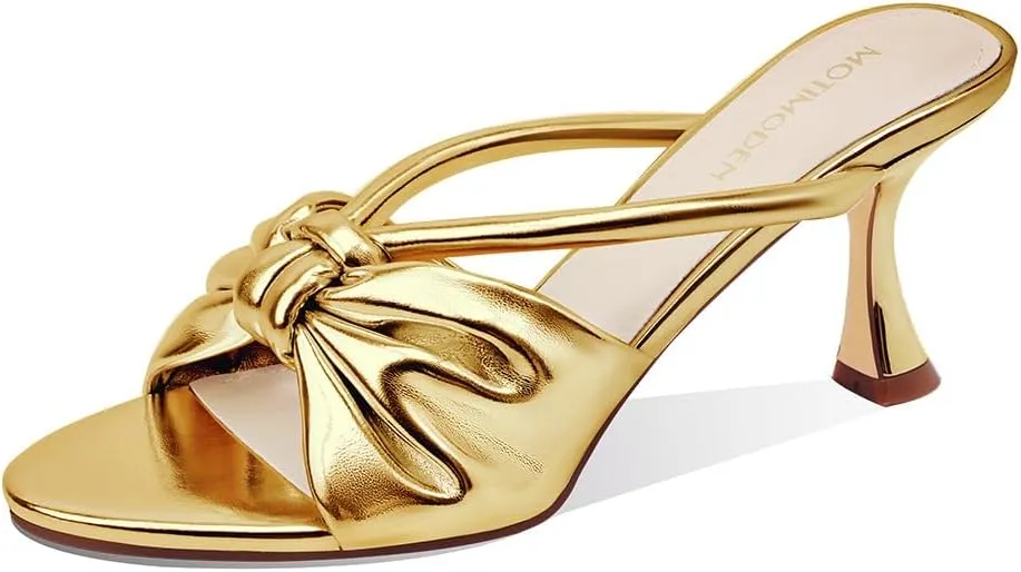 Women's Bow Heeled Sandals Kitten Heel Bowknots Slip On Open Round Toe Low Heels Sandals for Women Dressy Shoes Work Home Party Concert