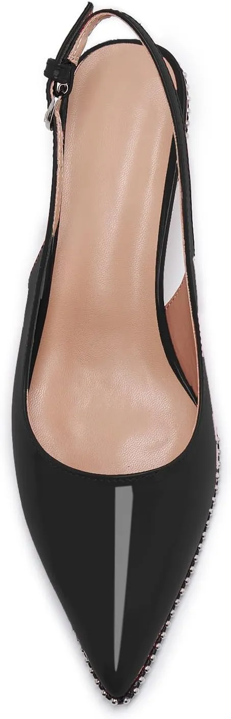 Women's Burgundy Slingback Kitten Heels – Pointed Toe Patent Leather Dress Shoes with Rhinestone Trim – Elegant Low Heel Pumps for Party, Wedding, or Office