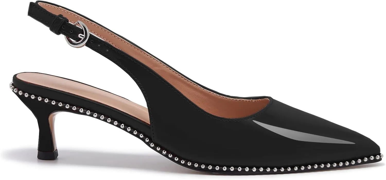 Women's Burgundy Slingback Kitten Heels – Pointed Toe Patent Leather Dress Shoes with Rhinestone Trim – Elegant Low Heel Pumps for Party, Wedding, or Office