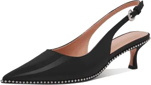 Women's Burgundy Slingback Kitten Heels – Pointed Toe Patent Leather Dress Shoes with Rhinestone Trim – Elegant Low Heel Pumps for Party, Wedding, or Office