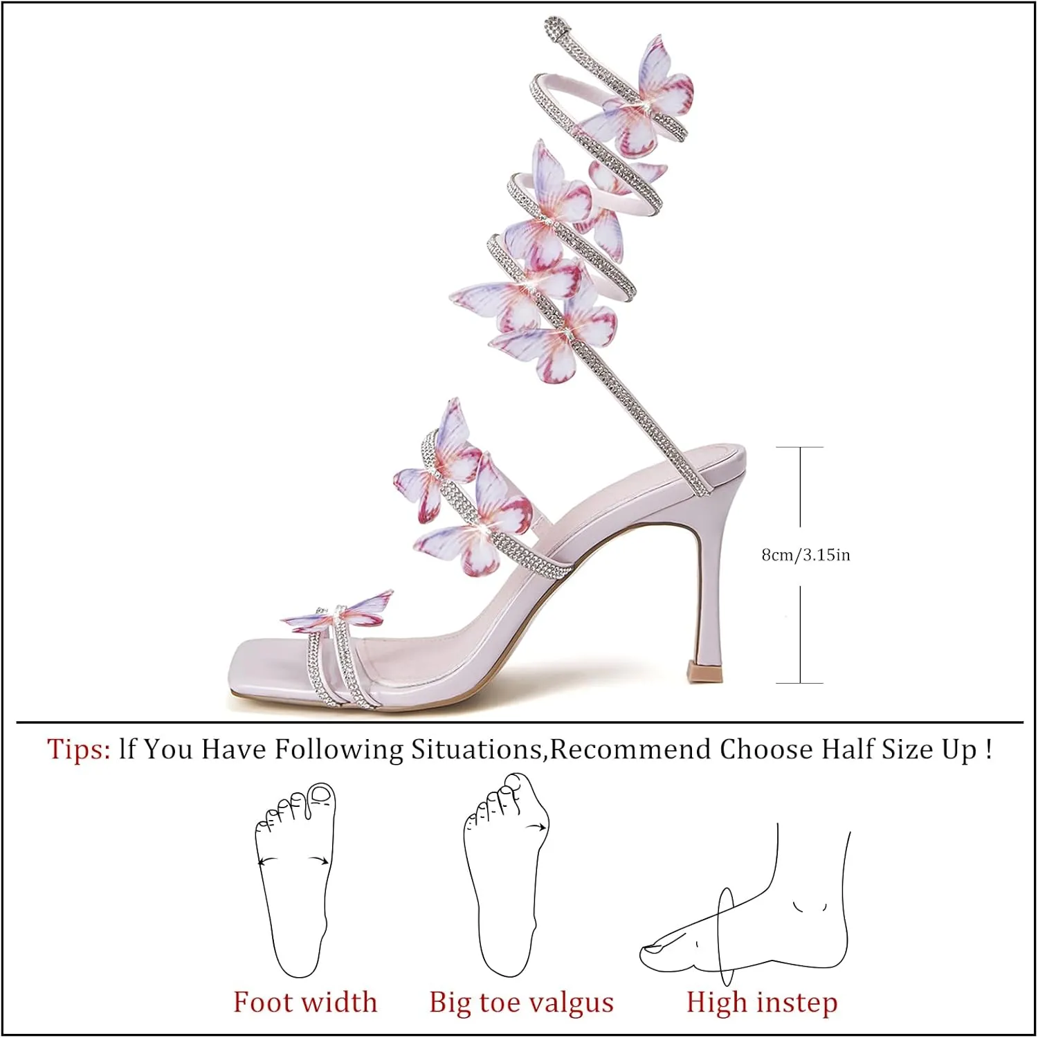 Women's Butterly Heels Rhinestone Stilettos Elegant Open Square ToeSpiral Wrap Around Dress High Heel Sandals For Wedding Party Prom
