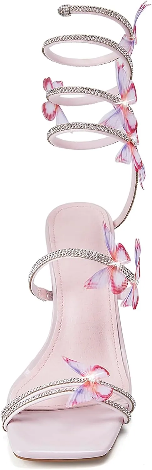 Women's Butterly Heels Rhinestone Stilettos Elegant Open Square ToeSpiral Wrap Around Dress High Heel Sandals For Wedding Party Prom