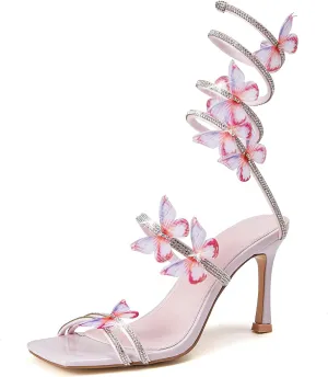 Women's Butterly Heels Rhinestone Stilettos Elegant Open Square ToeSpiral Wrap Around Dress High Heel Sandals For Wedding Party Prom