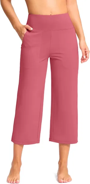 Women's Capri Pants with Pockets High Waist Yoga Pants Wide Leg Workout Crop Summer Pants for Casual, Travel, Exercise
