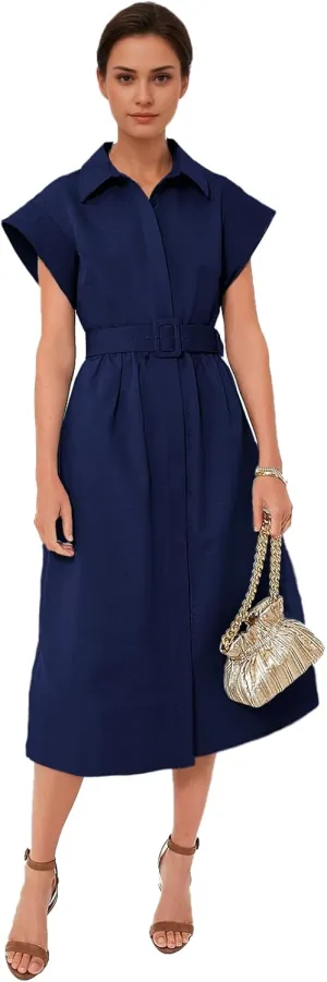 Women's Casual Button Shirt Dresses Short Sleeve Business Long Dresses Elegant Trench Coat with Pockets
