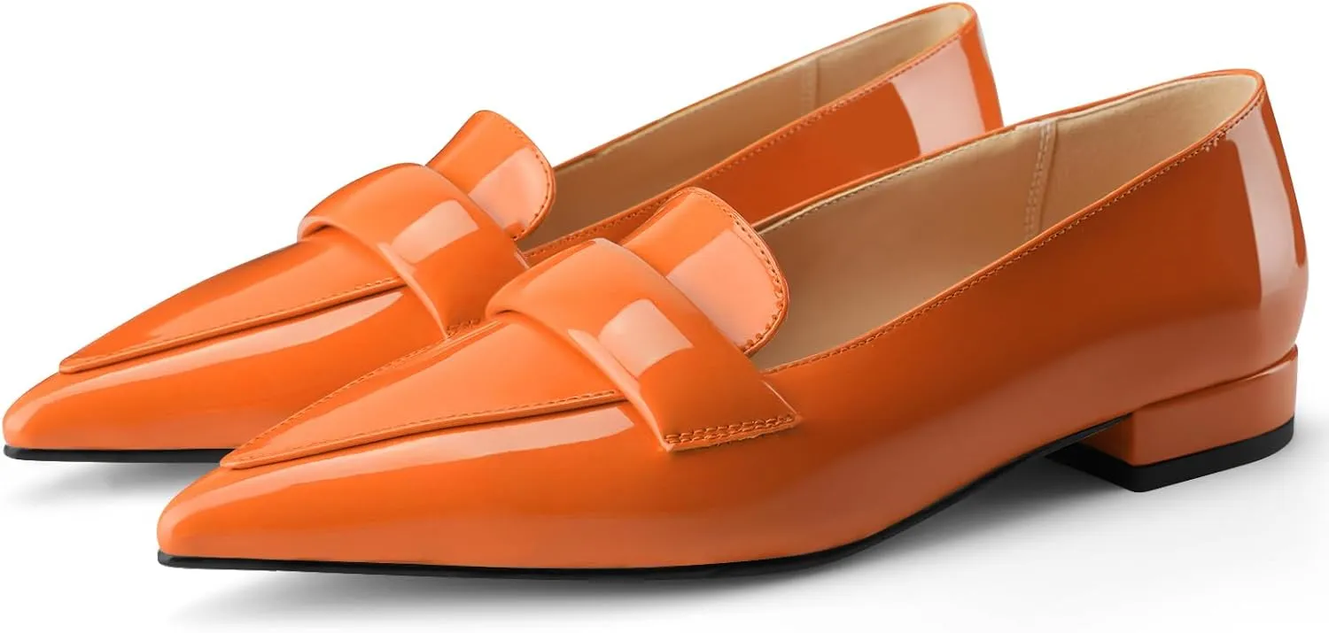 Women's Closed Pointed Toe Penny Loafers Shoes Black Patent Leather Comfortable Slip On Work Business Dressy Classic Flats Shoes