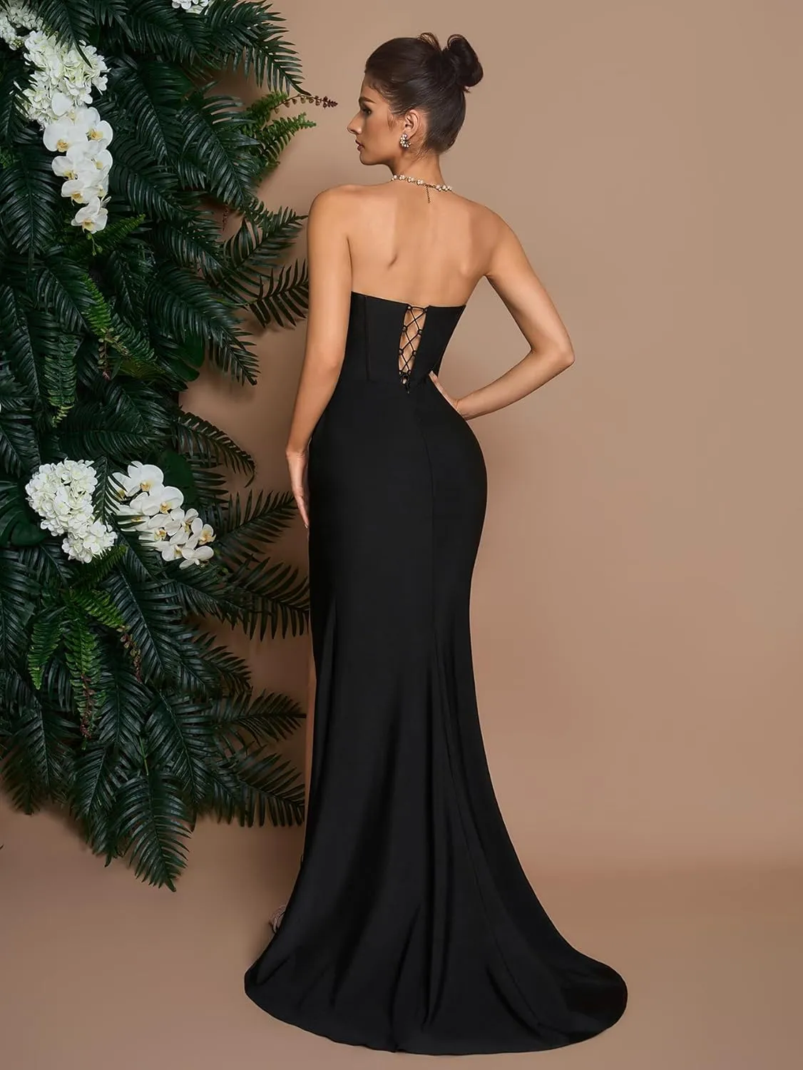Women's Cocktail Dresses Elegant Black Strapless Slit Mermaid Evening Dresses for Wedding Guest