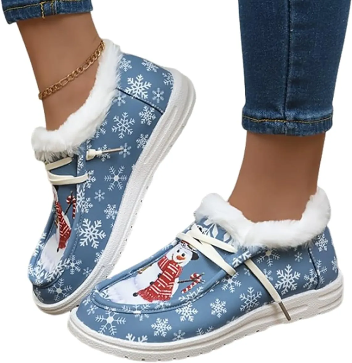 Women's Comfort Plush Snowman Canvas Ankle Boots,Winter Warm Lightweight Non-Slip Suede Cotton Lined Flat Snow Boots(Blue,6)