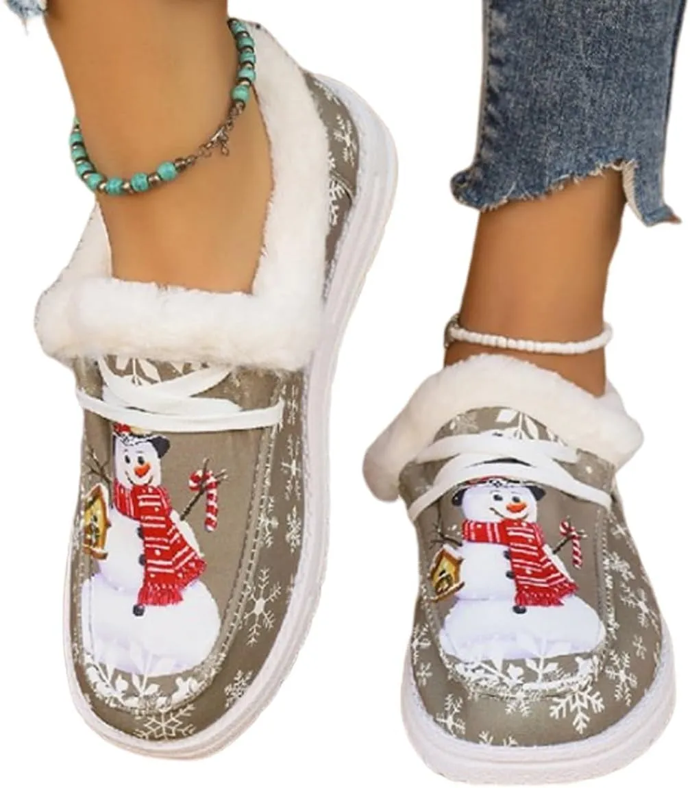 Women's Comfort Plush Snowman Canvas Ankle Boots,Winter Warm Lightweight Non-Slip Suede Cotton Lined Flat Snow Boots(Brown,9)