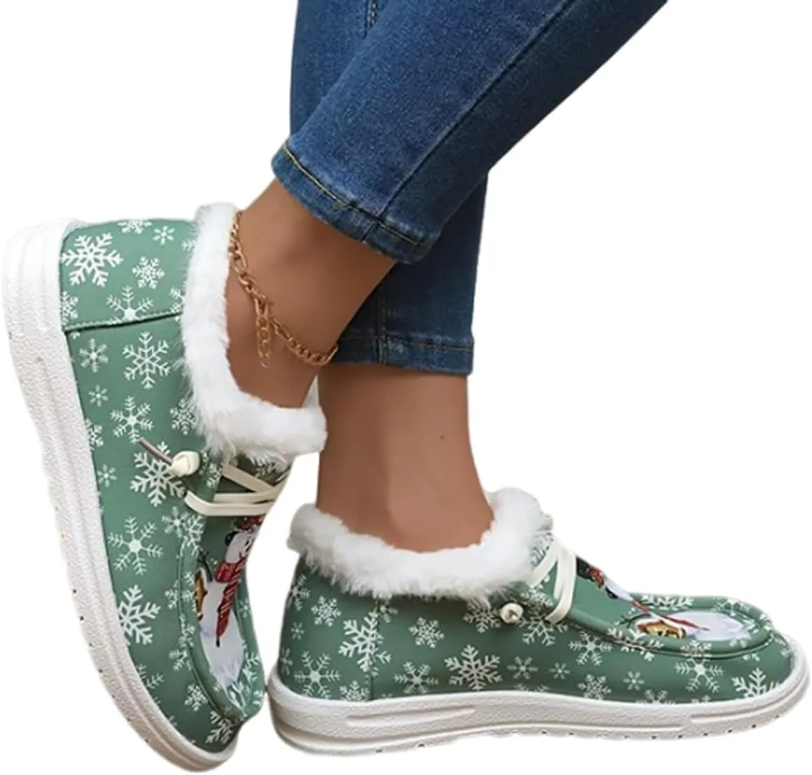 Women's Comfort Plush Snowman Canvas Ankle Boots,Winter Warm Lightweight Non-Slip Suede Cotton Lined Flat Snow Boots(Green,7.5)