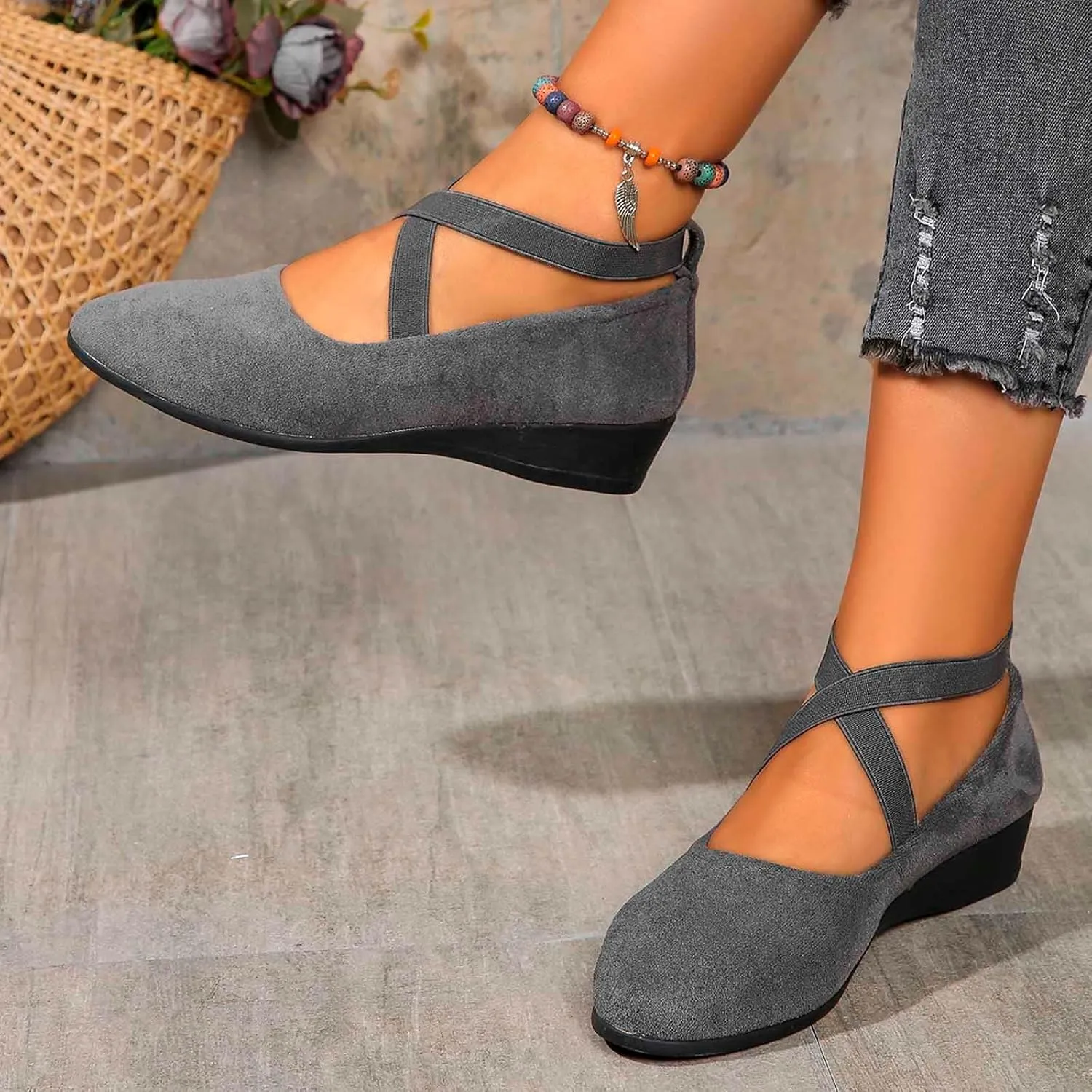 Women's Comfortable Fashion Elastic Ankle Straps Flats Shoes Pull-On Criss-Cross Ballet Girls Dress Little Gracy Mary Shoes Dressy Crisscross Strap Ballerina Flats Closed Toe Slip On Flat
