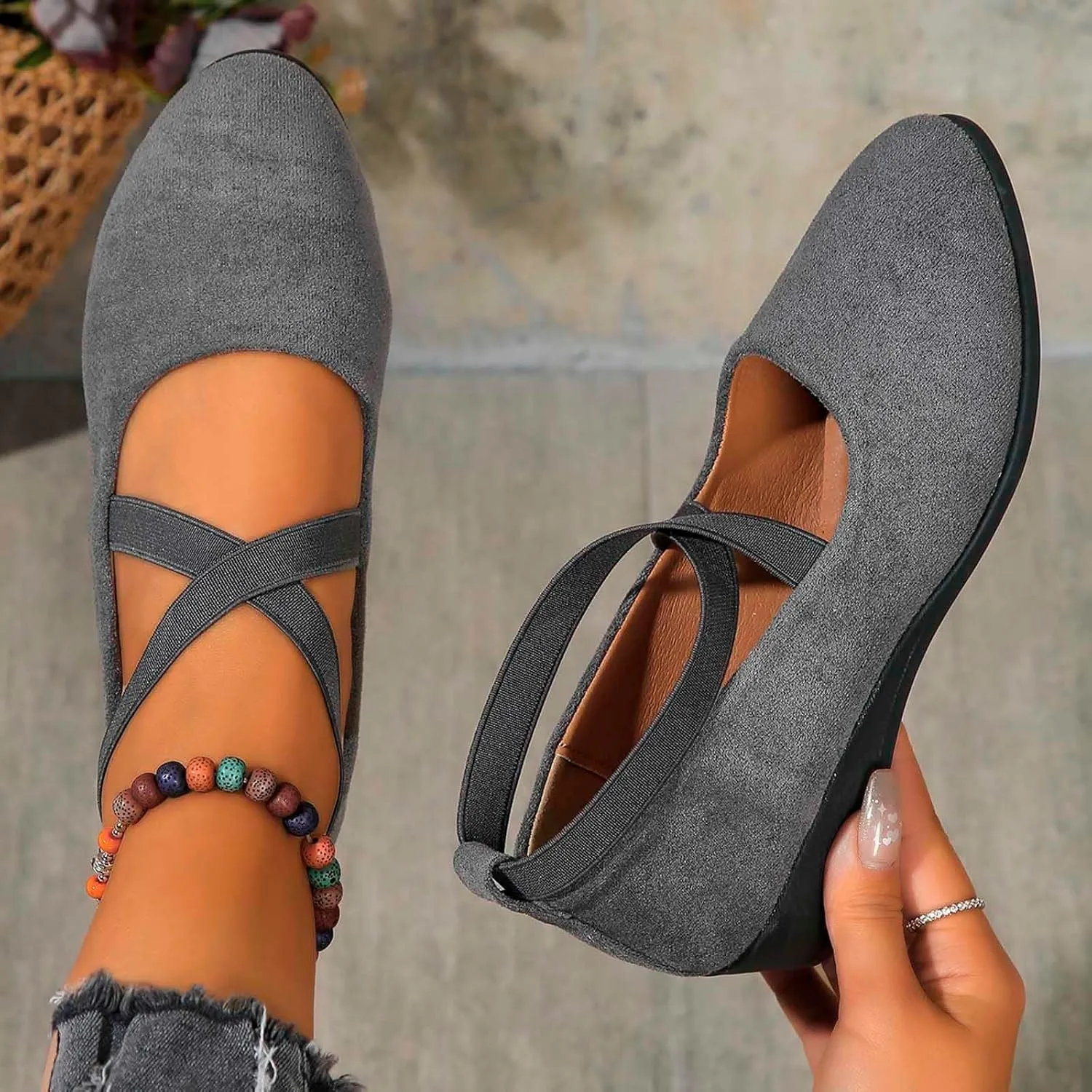 Women's Comfortable Fashion Elastic Ankle Straps Flats Shoes Pull-On Criss-Cross Ballet Girls Dress Little Gracy Mary Shoes Dressy Crisscross Strap Ballerina Flats Closed Toe Slip On Flat