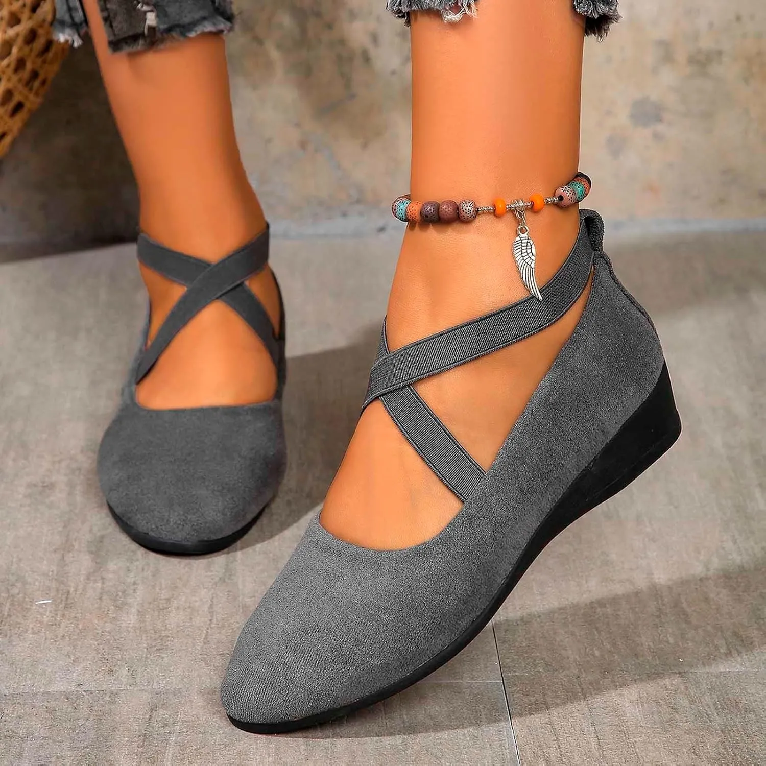 Women's Comfortable Fashion Elastic Ankle Straps Flats Shoes Pull-On Criss-Cross Ballet Girls Dress Little Gracy Mary Shoes Dressy Crisscross Strap Ballerina Flats Closed Toe Slip On Flat