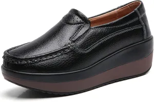 Women's Comfortable Platform Leather Wedge Walking Shoes Fashion Thick Sole Non-Slip Soft Casual Loafers with Arch Support