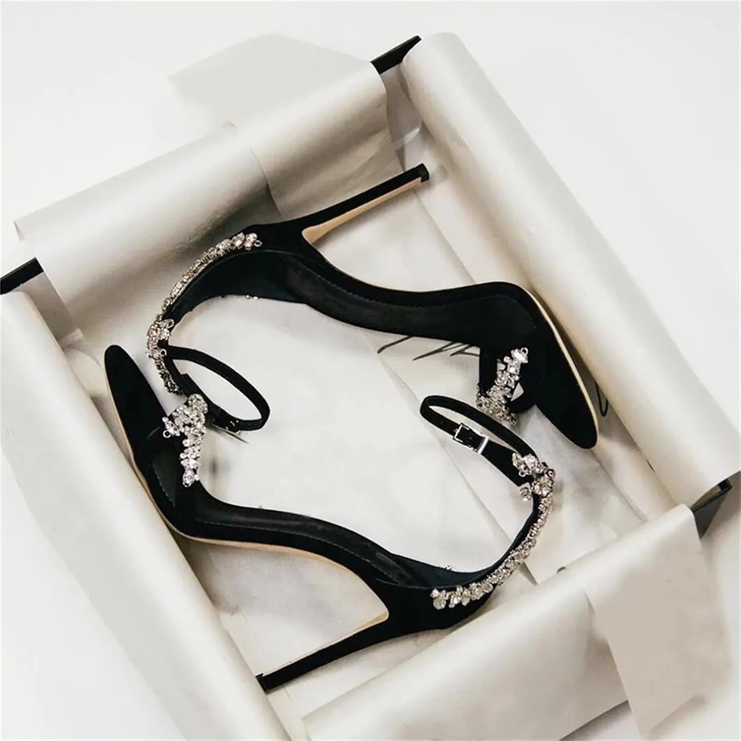 Women's Crystal Chain Decor Sandals, Black Ankle Strap High Heels Dress Party Prom Pumps