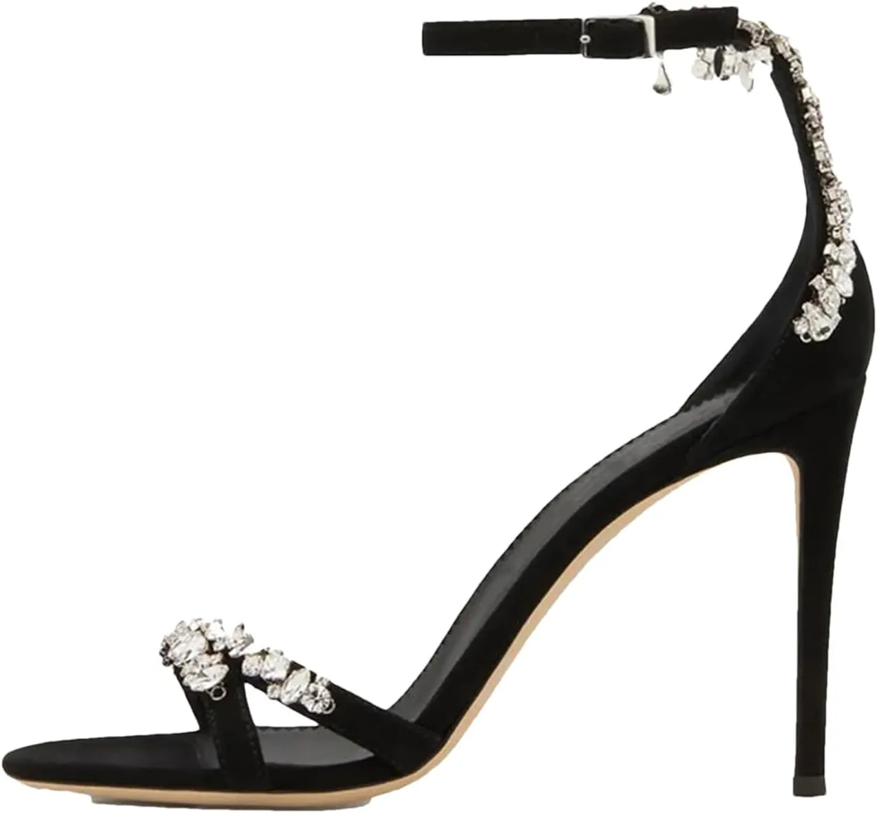 Women's Crystal Chain Decor Sandals, Black Ankle Strap High Heels Dress Party Prom Pumps