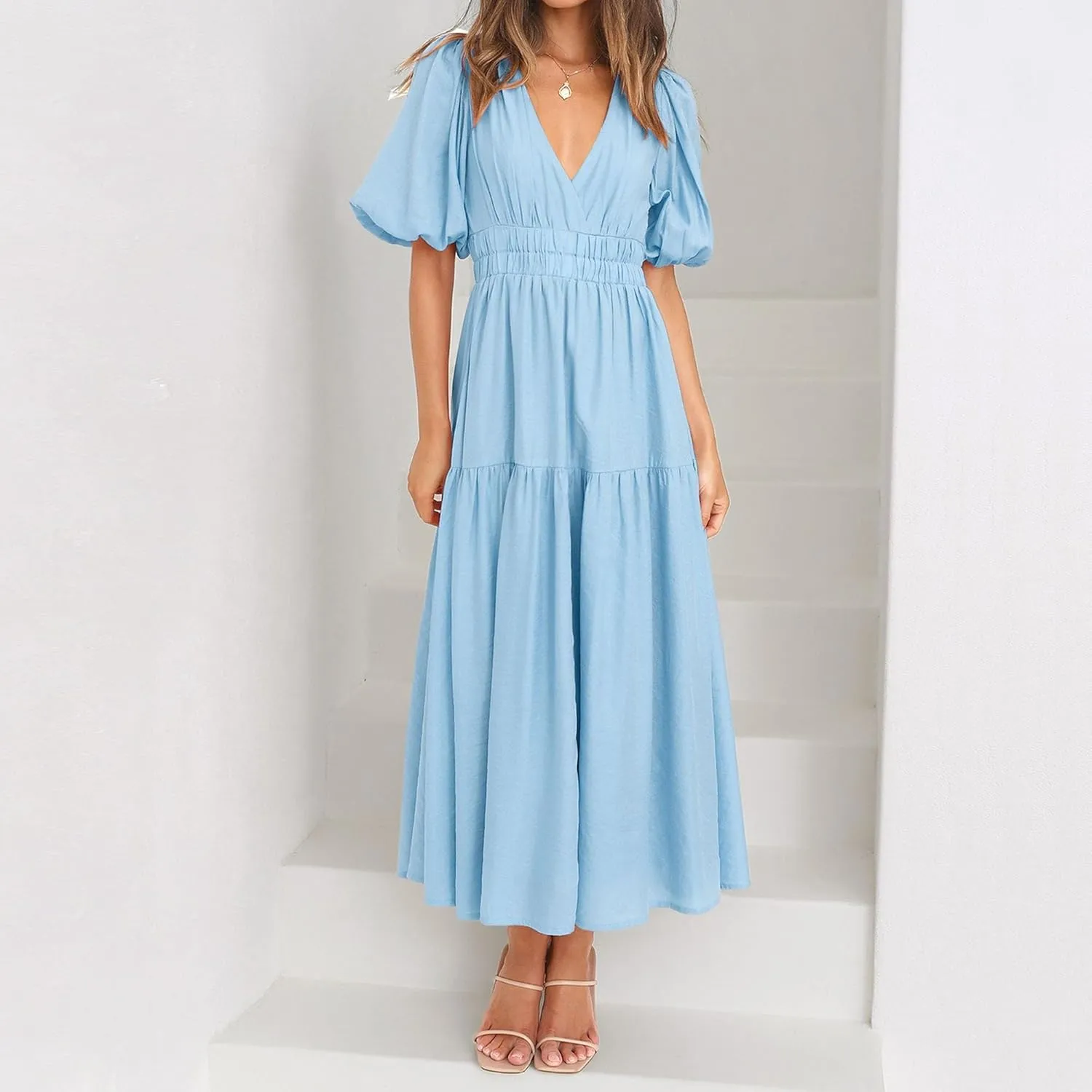 Women's Deep V Neck Smocked Waist Dress Lantern Short Sleeve Tiered Dress Elegant A Line Solid Long Dresses