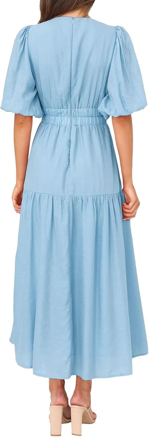 Women's Deep V Neck Smocked Waist Dress Lantern Short Sleeve Tiered Dress Elegant A Line Solid Long Dresses