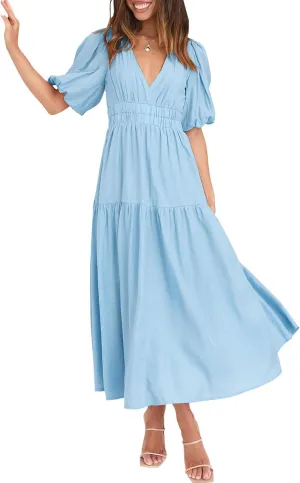 Women's Deep V Neck Smocked Waist Dress Lantern Short Sleeve Tiered Dress Elegant A Line Solid Long Dresses
