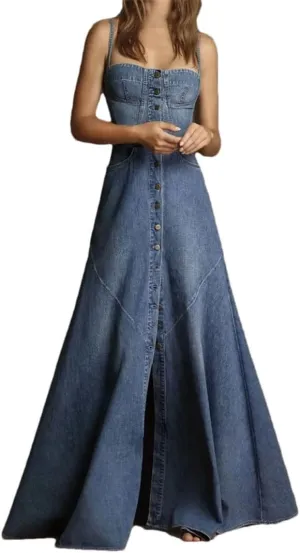 Womens Denim Party Spaghetti Strap Dress Single Breasted Button Elegant Casual A-Line Split Hem