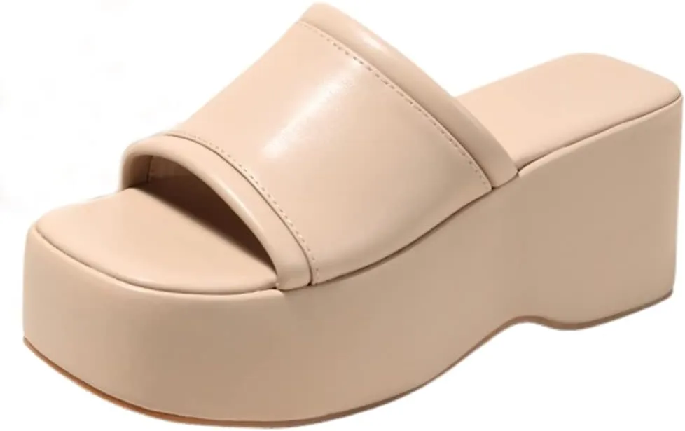 Women's Dress Platform Mules with High Heel Slip On Square Toe Wedge Heel Sandals