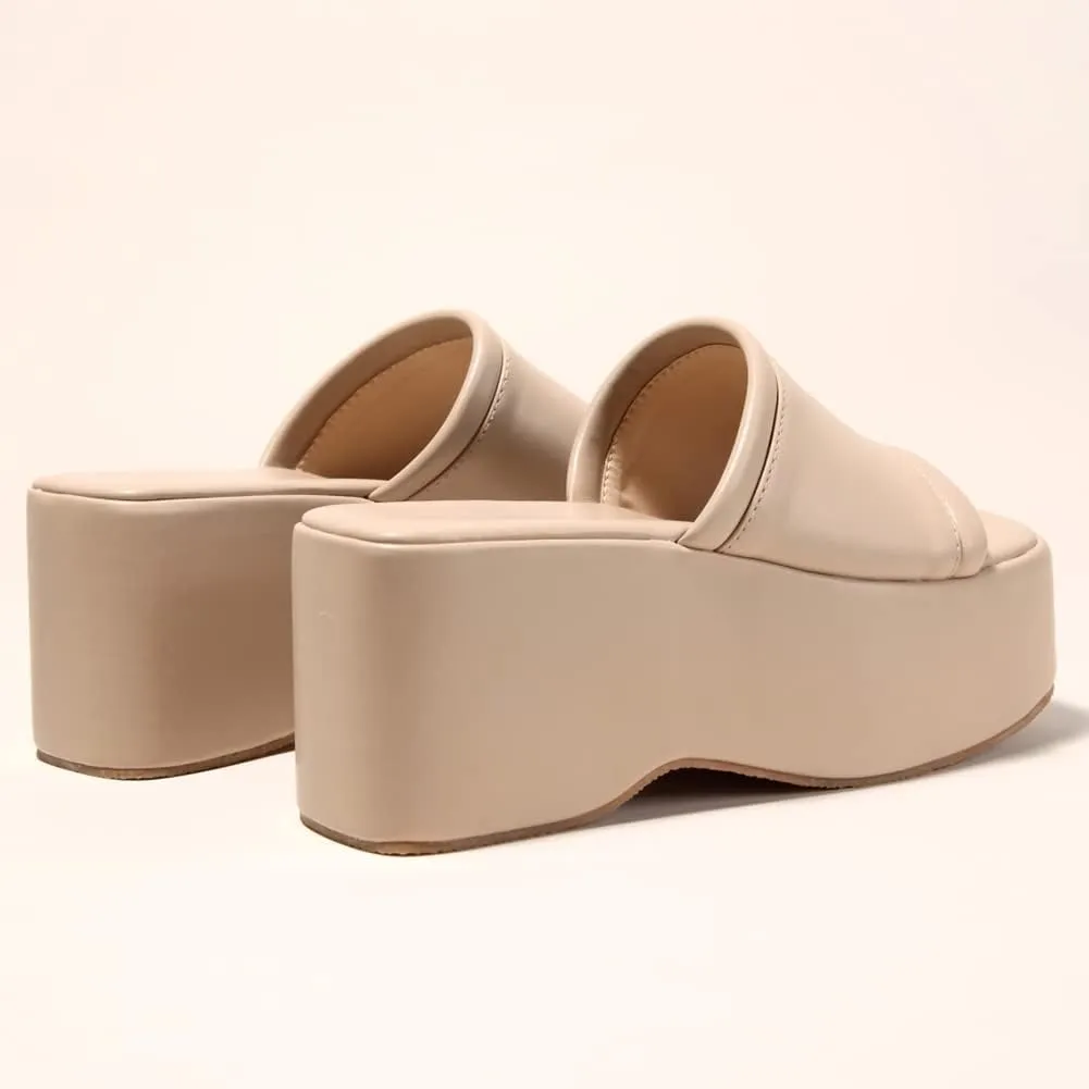 Women's Dress Platform Mules with High Heel Slip On Square Toe Wedge Heel Sandals