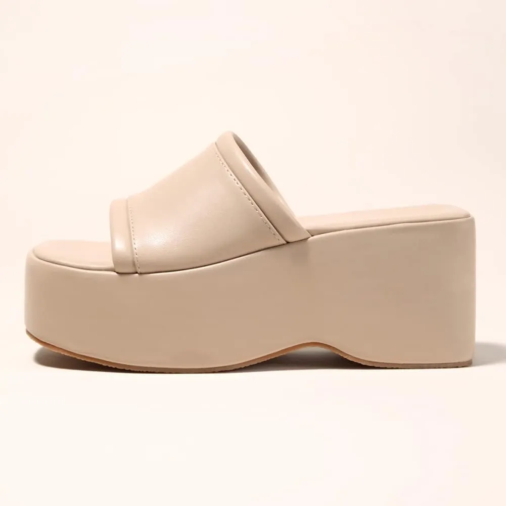 Women's Dress Platform Mules with High Heel Slip On Square Toe Wedge Heel Sandals