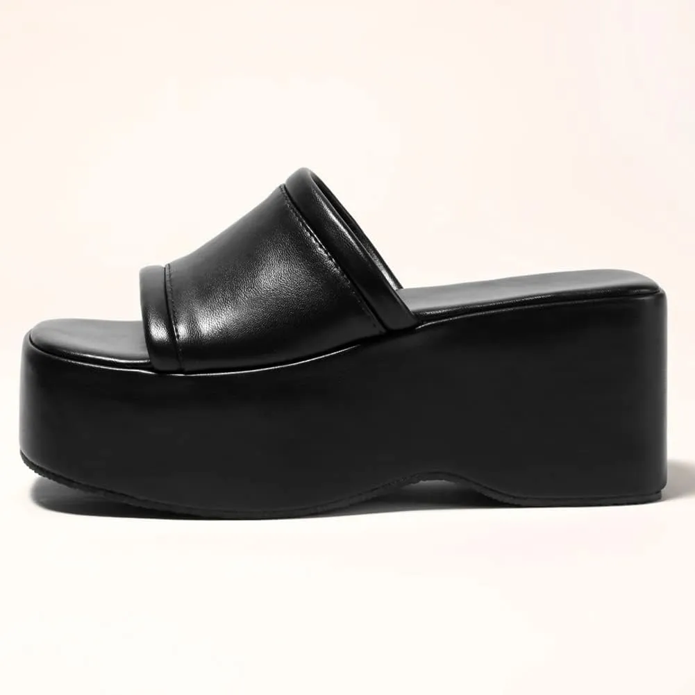 Women's Dress Platform Mules with High Heel Slip On Square Toe Wedge Heel Sandals