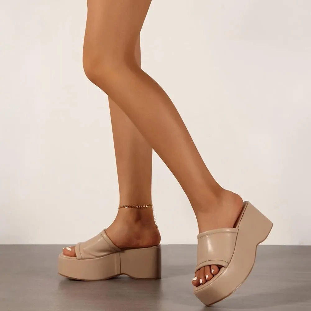 Women's Dress Platform Mules with High Heel Slip On Square Toe Wedge Heel Sandals