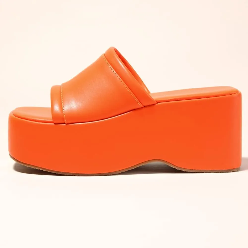 Women's Dress Platform Mules with High Heel Slip On Square Toe Wedge Heel Sandals