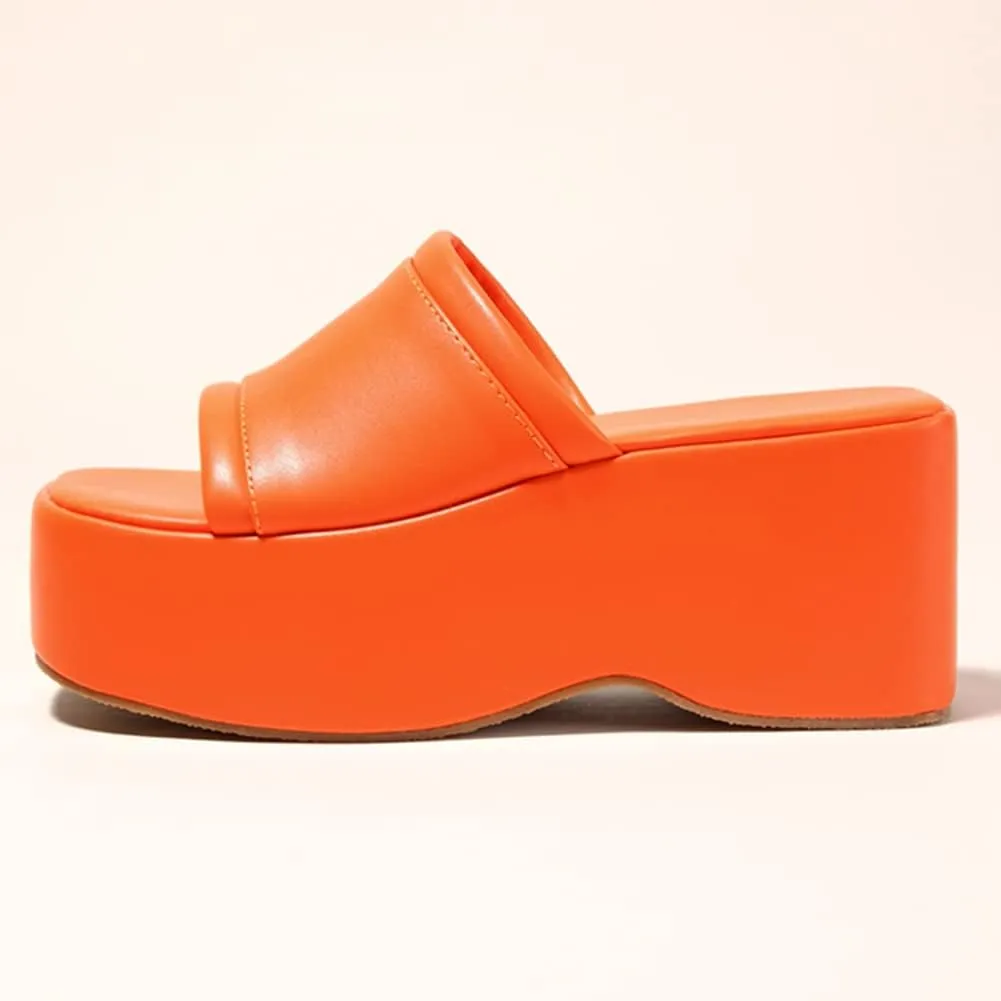 Women's Dress Platform Mules with High Heel Slip On Square Toe Wedge Heel Sandals