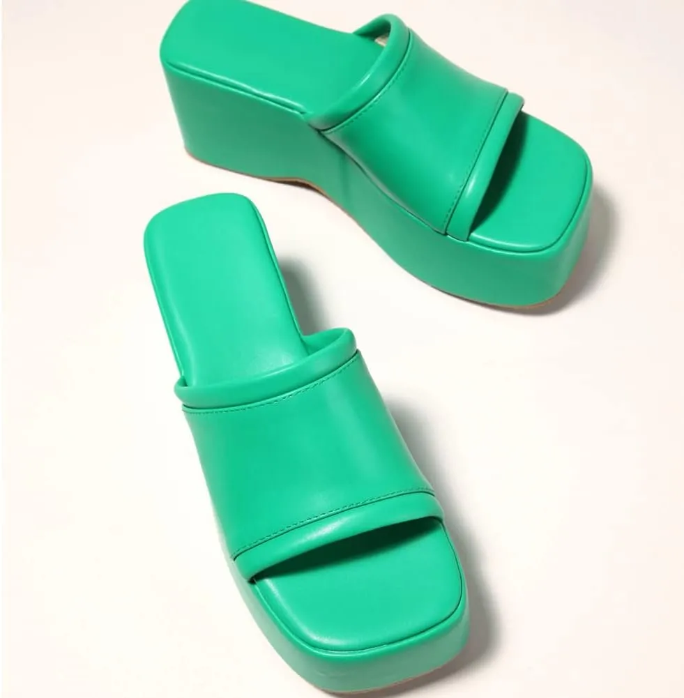 Women's Dress Platform Mules with High Heel Slip On Square Toe Wedge Heel Sandals