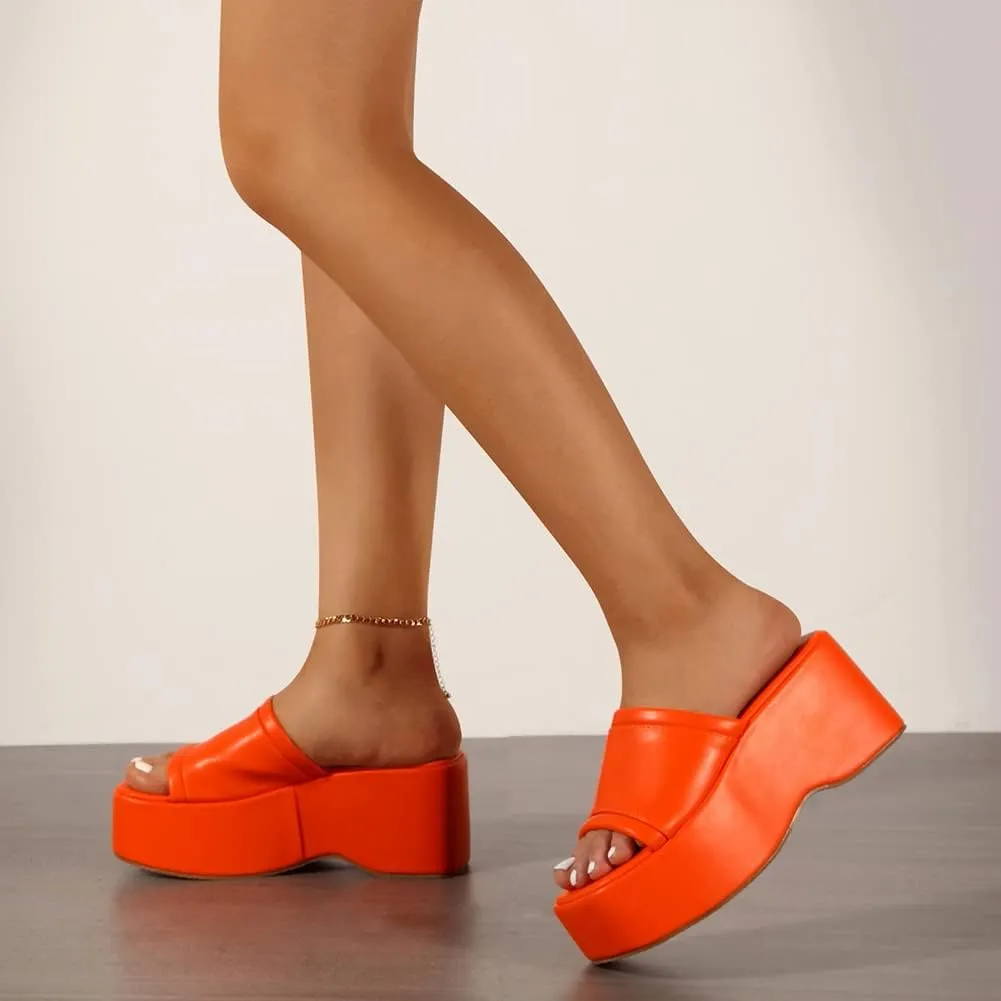 Women's Dress Platform Mules with High Heel Slip On Square Toe Wedge Heel Sandals