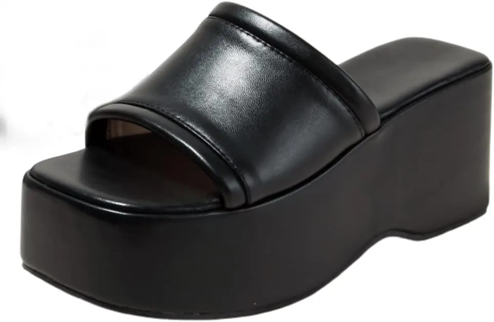 Women's Dress Platform Mules with High Heel Slip On Square Toe Wedge Heel Sandals