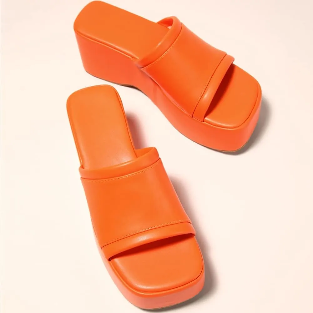 Women's Dress Platform Mules with High Heel Slip On Square Toe Wedge Heel Sandals