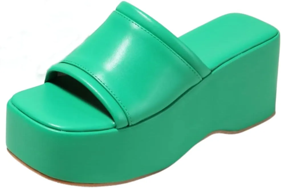 Women's Dress Platform Mules with High Heel Slip On Square Toe Wedge Heel Sandals