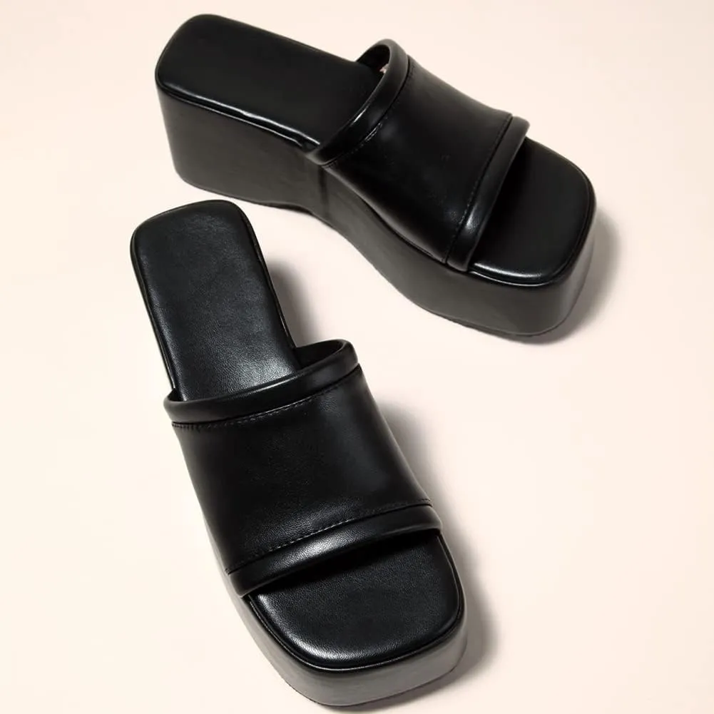 Women's Dress Platform Mules with High Heel Slip On Square Toe Wedge Heel Sandals
