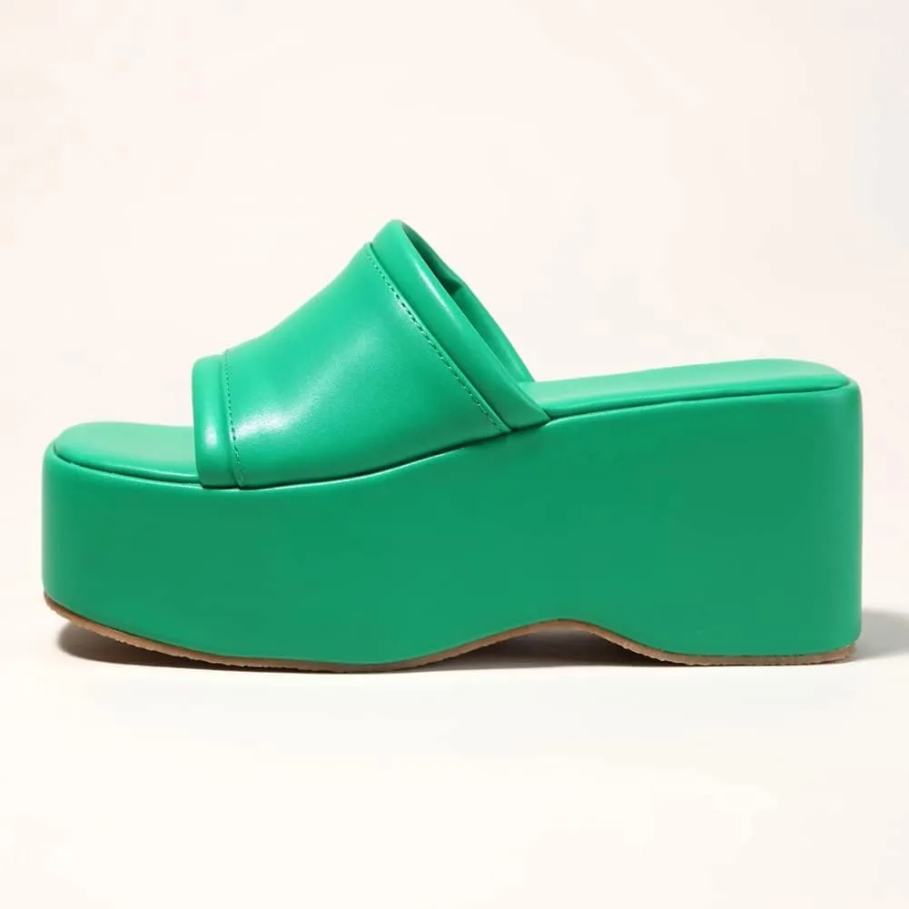 Women's Dress Platform Mules with High Heel Slip On Square Toe Wedge Heel Sandals