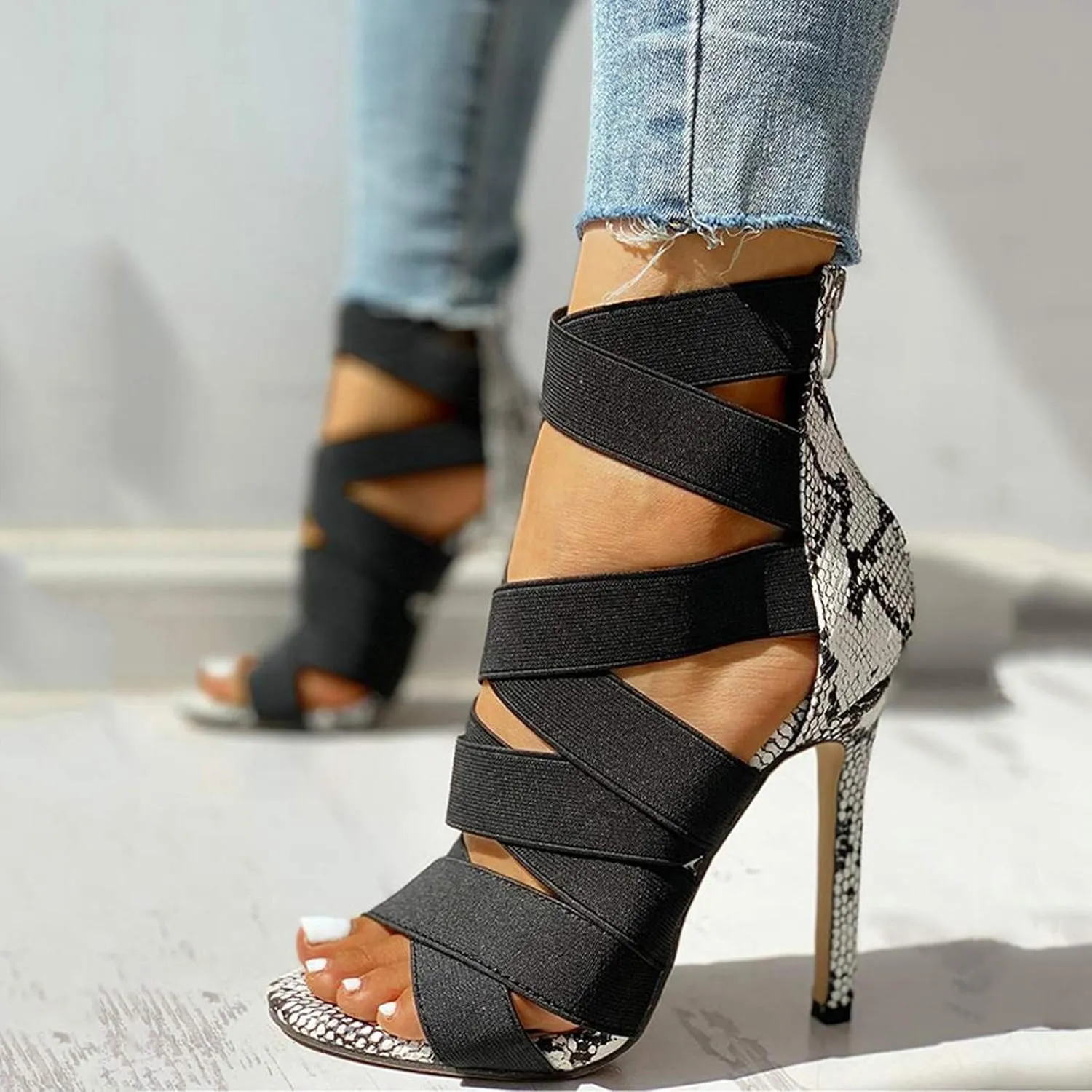 Women's Dressy Sandals Crisscross Strap Stiletto High Heels Sandals with Back Zipper Peep Toe Block Color Sandal Shoes