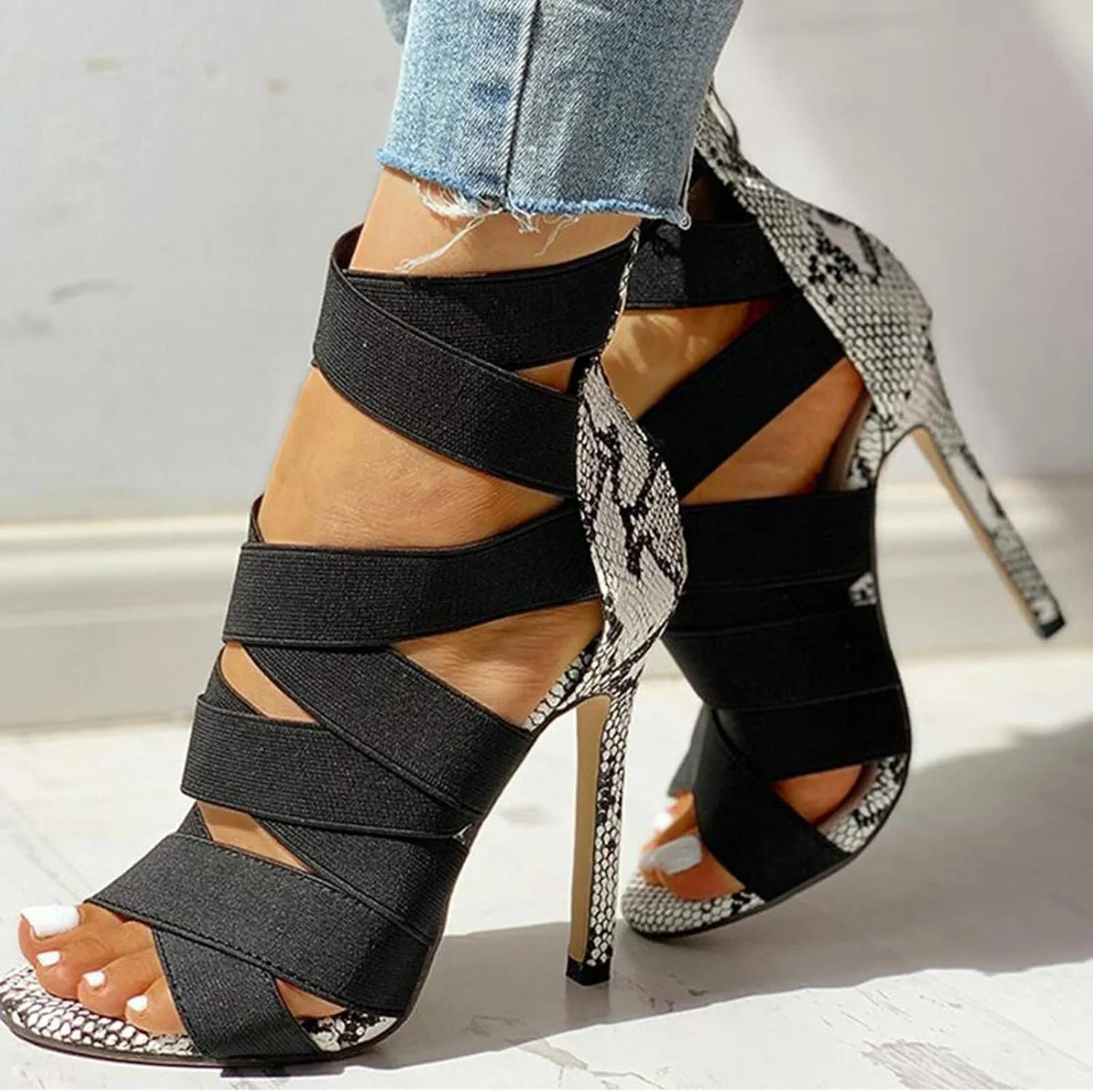 Women's Dressy Sandals Crisscross Strap Stiletto High Heels Sandals with Back Zipper Peep Toe Block Color Sandal Shoes