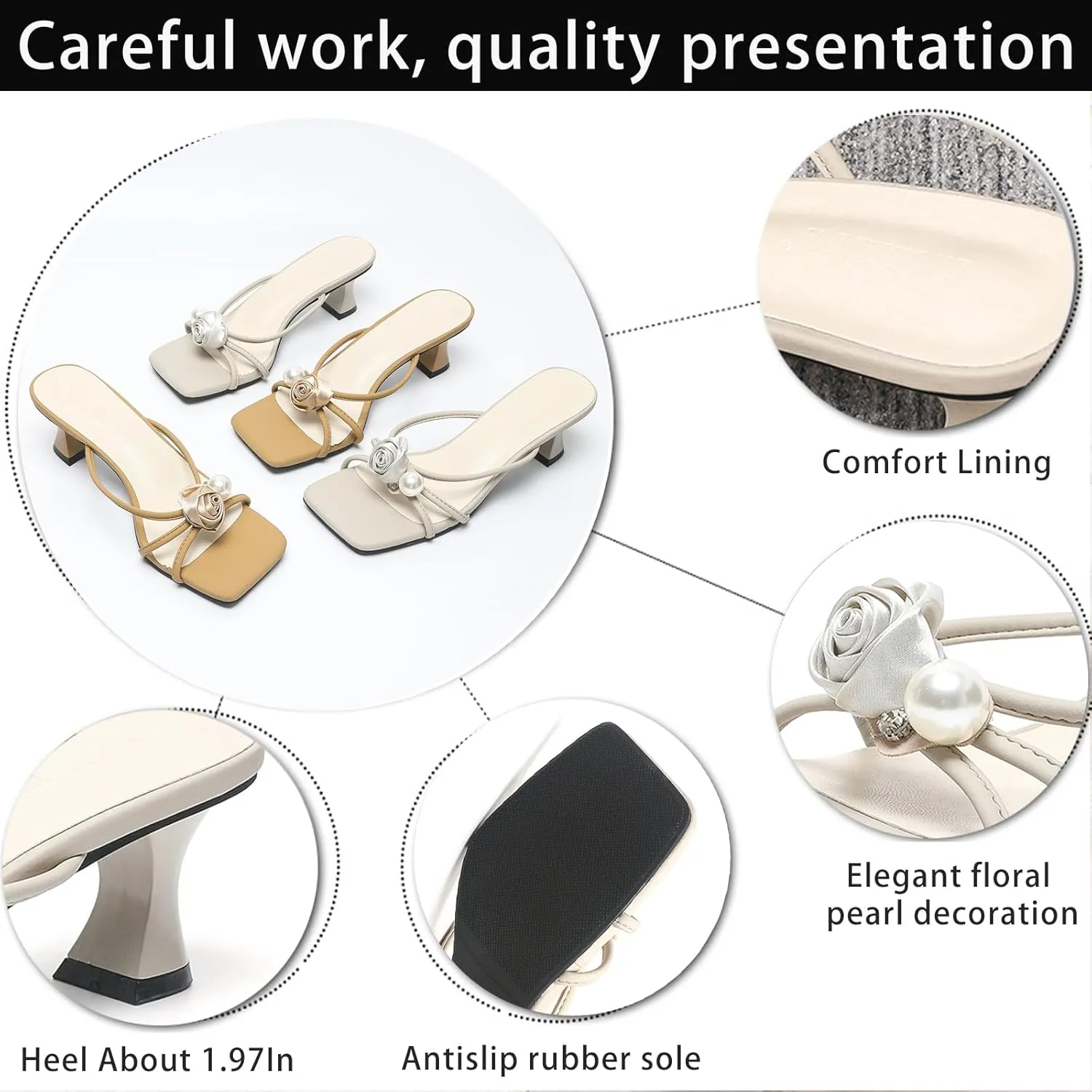 Women's Elegant 3D Floral Pearl Strappy Kitten Heel Sandals Square Open Toe Silp On Lightweight Non-Slip Casual Low Heel Slide Sandals for Wedding Bride Party Evening