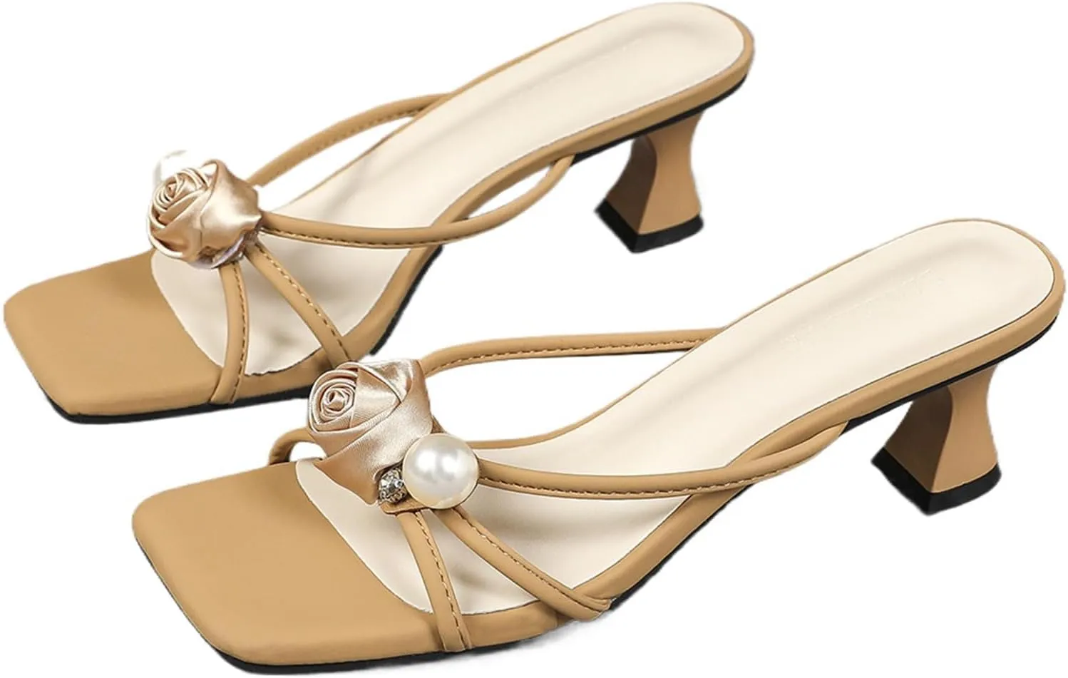 Women's Elegant 3D Floral Pearl Strappy Kitten Heel Sandals Square Open Toe Silp On Lightweight Non-Slip Casual Low Heel Slide Sandals for Wedding Bride Party Evening