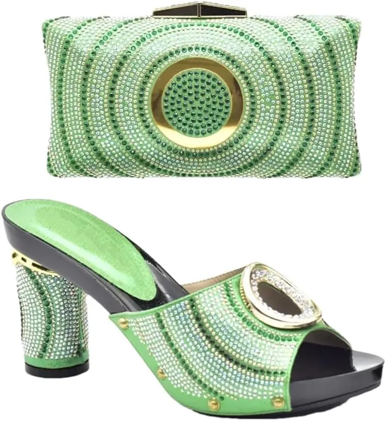 Women's Elegant Italian Gold Shoe and Bag Set with Super High Square Heel Slip-On Closure Round Toe Party Pumps
