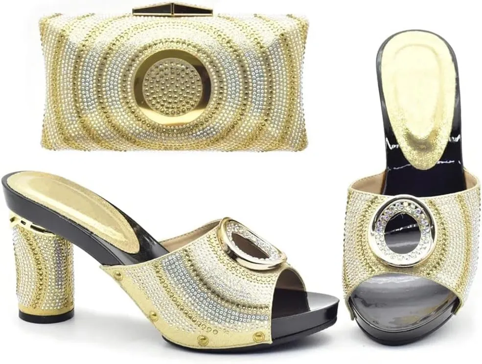 Women's Elegant Italian Gold Shoe and Bag Set with Super High Square Heel Slip-On Closure Round Toe Party Pumps