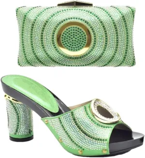 Women's Elegant Italian Gold Shoe and Bag Set with Super High Square Heel Slip-On Closure Round Toe Party Pumps